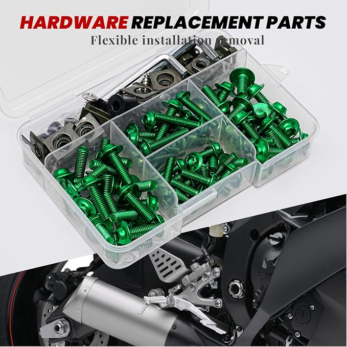 Green Motorcycle Fairing Bolt Kit 177Pcs, M5 M6 Stainless Steel Windscreen Screws Fastener Clips Universal Fit for Sportbike Suzuki Kawasaki Honda Yamaha BMW Ducati GSXR Motorcycle