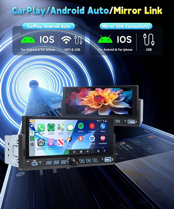 Single Din Car Stereo Wirelsss Carplay Android Auto, 1 Din Head Unit Bluetooth Backup Camera, 6.86" HD Touchscreen Radio, FM EQ USB-Type-C, Mirror Link SWC, Voice Control, Car Stereo Receivers
