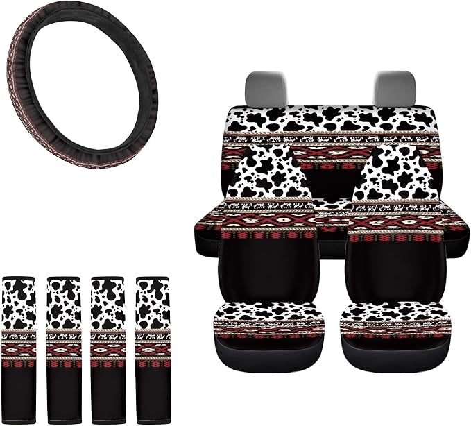 Aztec Cow Print Car Seat Cover Full Set with Steering Wheel Cover, Shoulder Pads, Aztec Auto Seat Covers Cow Car Accessories Universal Fit for Most Cars, Black