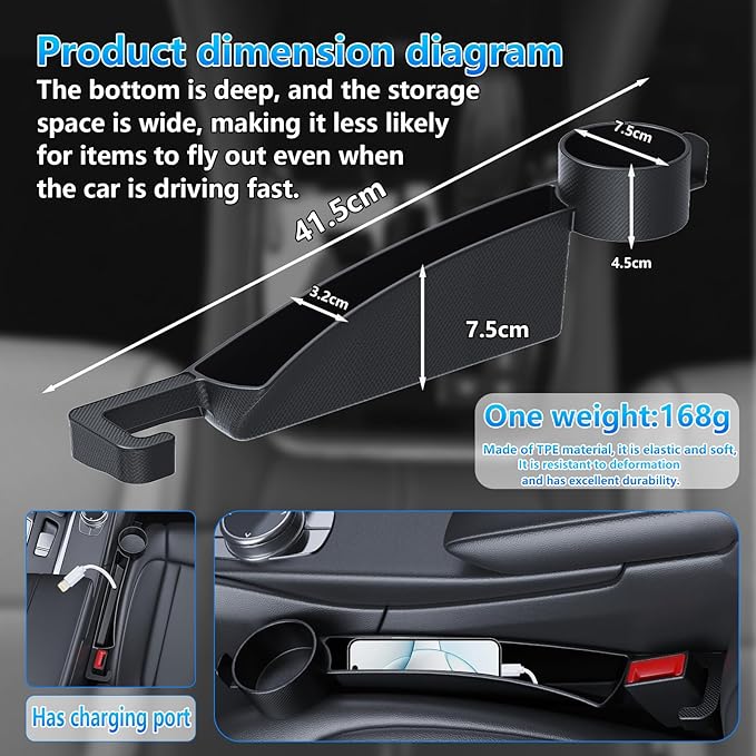 Seat gap filler Compatible with Toyota RAV4.Deeper Than Standard Retail Models(7.5cm)|Added Cup Holder (2 Fixed Points) + Hooks + Charging Cable Port |2pcs Black| Free Window Break Hammer 1pcs|