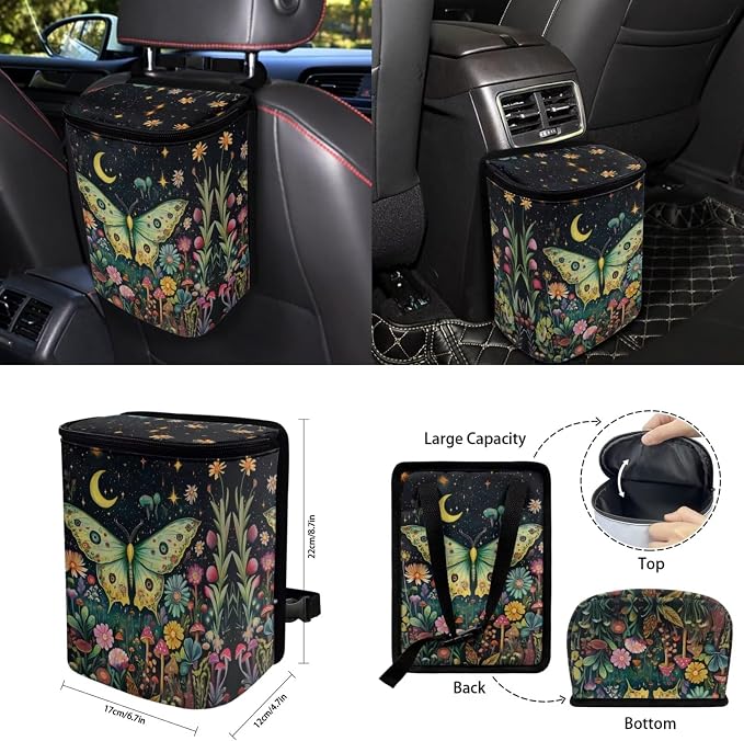 Moon Moth Seat Covers for Cars Full Set 15 Pcs Car Accessories Steering Wheel Cover Seat Belt Pads Car Coasters Trash Bag Rearview Mirror Cover Keychain
