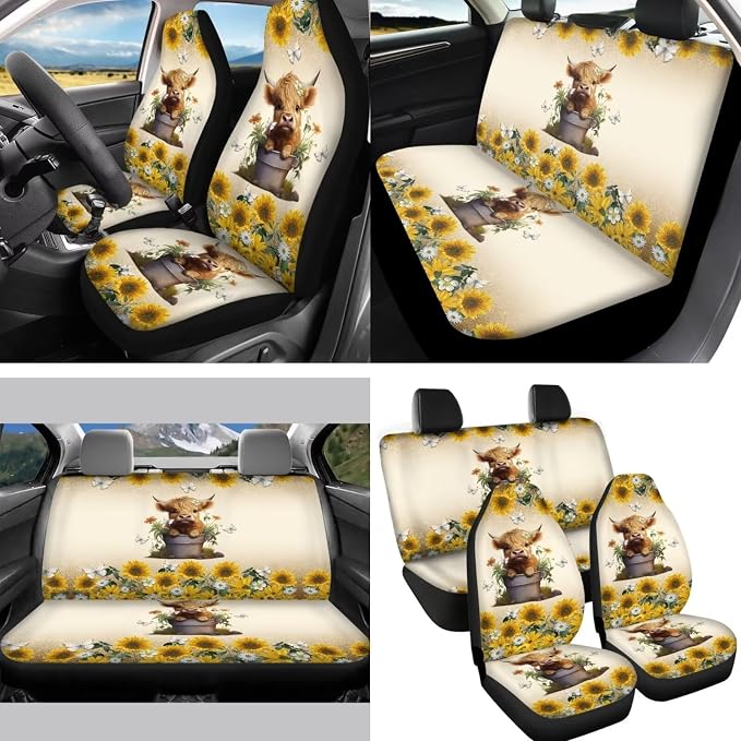 14Pack Highland Cow Car Seat Covers Cow Auto Accessory Full Set+Steering Wheel Cover+Seatbelt Pads+Handbreak Cover+Vehicle Coaster+Keychain+Car Rear View Mirror Cover for Women