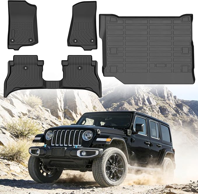 Floor Mats for Jeep Wrangler 4XE 4-Door 2021-2026 (Only Fits with Right Trunk Subwoofer, Not for 2-Door, JL or JK), Heavy Duty TPE All Weather Protection Waterproof Non-Slip (Floor Mats & Cargo Liner)