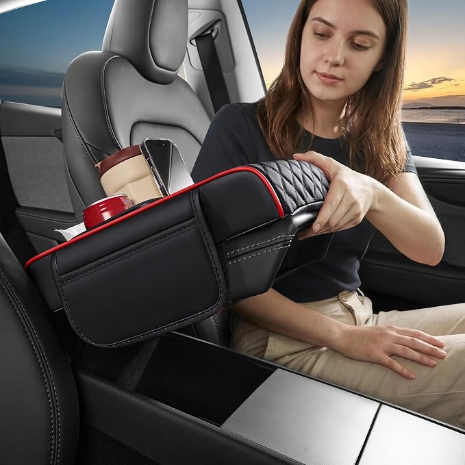 5 in 1 Nappa Leather Console Armrest Cover, Black Red Stitch | Built-in cup holder, tissue slot, phone holder & 2 storage pockets, practical car accessories fit SUV sedan truck