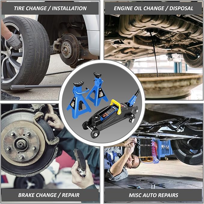 PM PERFORMOTOR Low Profile Hydraulic Trolley Service/Floor Jack Combo with 2 Ratchet Jack Stands, 2 Ton (4000 lbs) Capacity, Blue, PM-TOL-FJ3P-BL