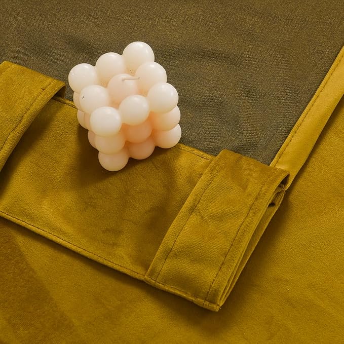 Roslynwood Luxury Soft Olive Yellow Velvet Curtains 90 inches Long Back Tab Thermal Insulated Blackout Window Drapes for Living Room/Bedroom/Dining Room, W52 x L90, 2 Panels