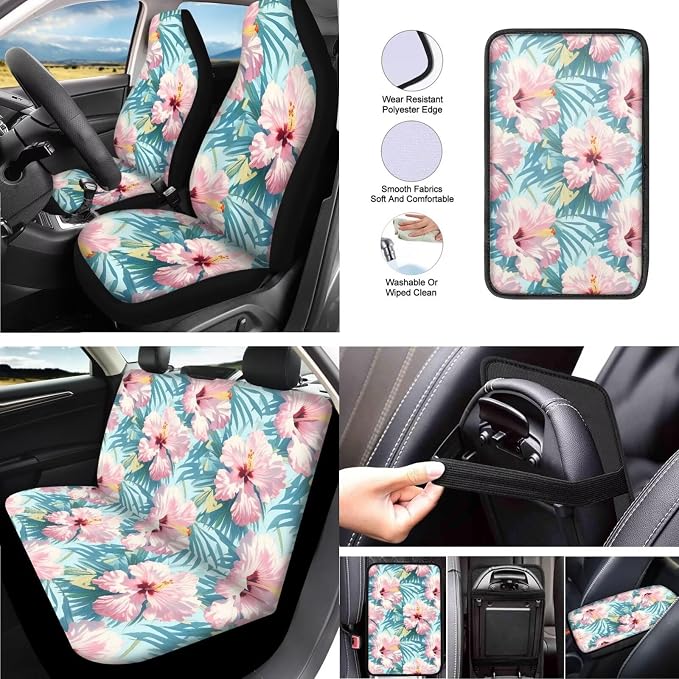 Tropital 13 Pcs Car Seat Covers, Pink Watercolor Hibiscus Universal Driver Seat Cover Protector Armrest Pad, Palm Leaf Steering Wheel Armrest Cover Seatbelt Cup Mats