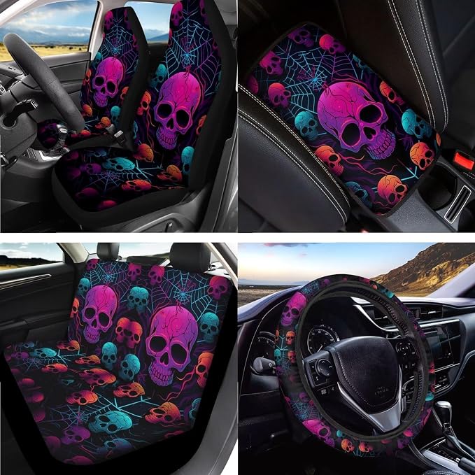 Skull Printed Car Front Rear Seat Covers Spider Web Print Steering Wheel Cover Matched Seatbelt Covers Waterproof Lipstick Holder Keychain Headrest Covers Universal Fit Most Vehicles