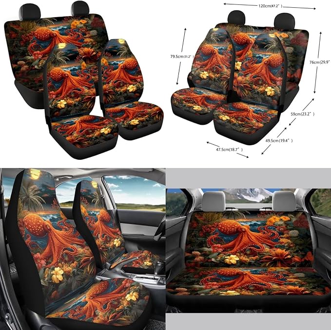 Forchrinse Octopus Car Seat Covers for Women Men Full Set 15 Pack Car Accessories Set with Steering Wheel Covers Armrest Seat Belt Covers Gear Handbrake Cover