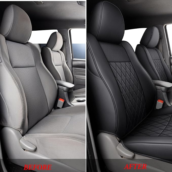 Coverado Tacoma Seat Covers Full Set, Faux Leather Seat Covers Custom Fit for 2005-2023 Toyota Tacoma Double/Crew Cab Base Prerunner SR5 Limited TRD Sport Interior Covers (Black)
