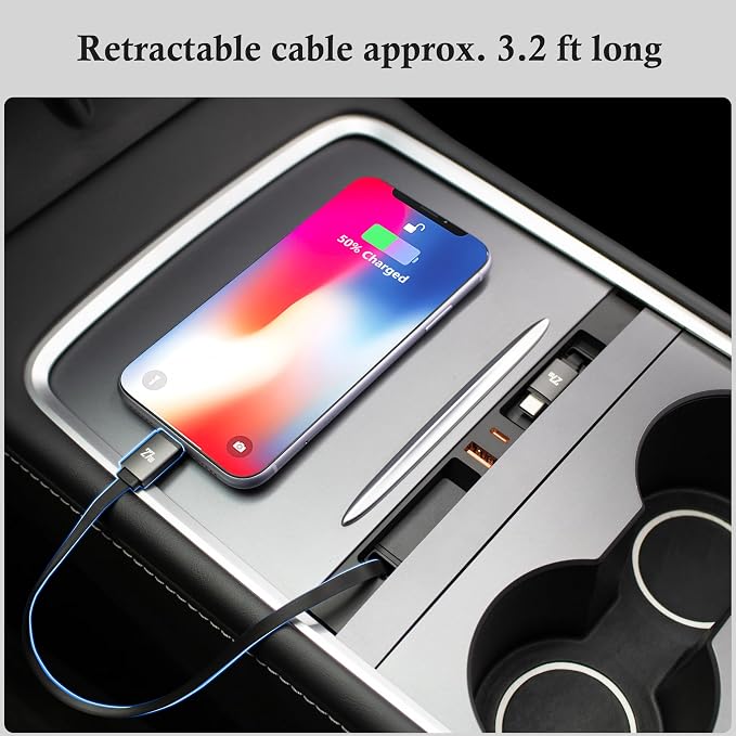 Car USB Hub Charger for Tesla Center Console with Fast Charging Retractable Cables Phone Charger Docking Station Accessories(2 Type-C(Model Y 2021-2024 & Model 3 2021-2023))
