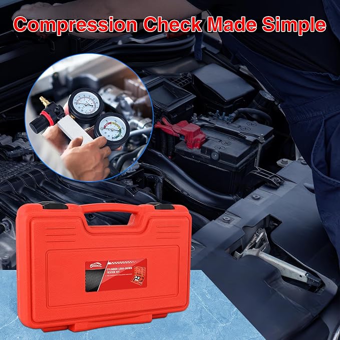 GOOACC Cylinder Leak Down Tester Kit - Dual Gauge Engine Diagnostics Tool for Gasoline Cars & Motorcycles - Detects Blown Head Gaskets & Valve Leaks with 10mm 12mm 14mm 18mm Adapters