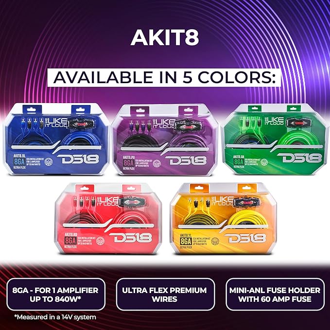 DS18 AKIT8.BL 8-GA Amplifier Installation Wiring Kit - Up to 840W Max, ANL Fuse Holder with 60A, Speaker & RCA Cables, CCA Amplifier Wiring Kit, Ultra Flex Wire, Amp Wire Kit 8 Gauge - Blue