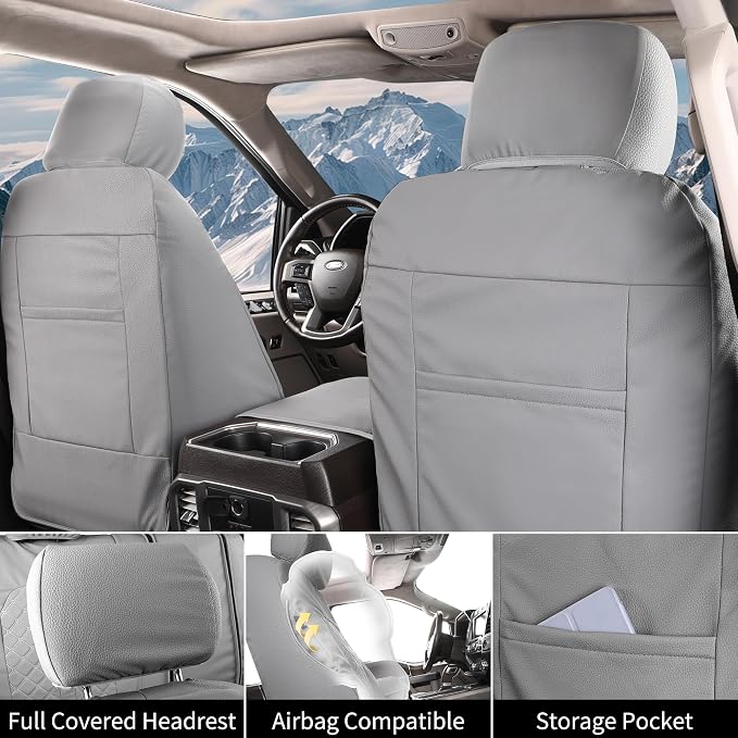 Truckiipa Seat Covers for Dodge Ram Full Set Truck Seat Cover Leather Fit for 2009-2018 Dodge Ram 1500, 2010-2025 Ram 2500 3500 Crew Mega Cab, 2019-2024 Ram 1500 Classic Only, Full Set, Grey