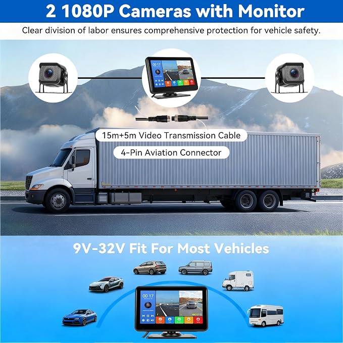 7 Inch Touchscreen Wired Backup Camera System, AHD 1080P Full Color Night Vision, 4K DVR Recording, IP68 Waterproof, Loop Recording, Parking Monitor, 9-32V for Truck Tractor Excavator Skid Steer RV