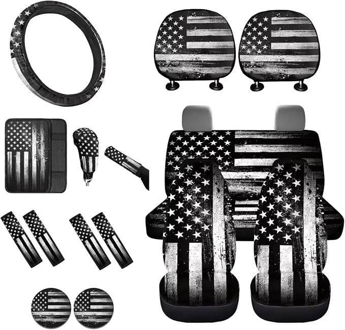 Lotusorchid American Flag Print Car Seat Covers, Including Universal and Anti-Slip Steering Wheel Cover Car Armrest Box Pad Vehicle Seat Belt Pad Auto Headrest Cover for Most Vehicles