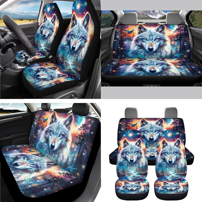 AFPANQZ Wolf Starry Sky Car Seat Covers Full Set 11 Pcs Front and Rear Bench Cushion with Steering Wheel Cover Seatbelt Pads Neoprene Handbrake and Gear Shift Knob Cover Decor Car Coasters