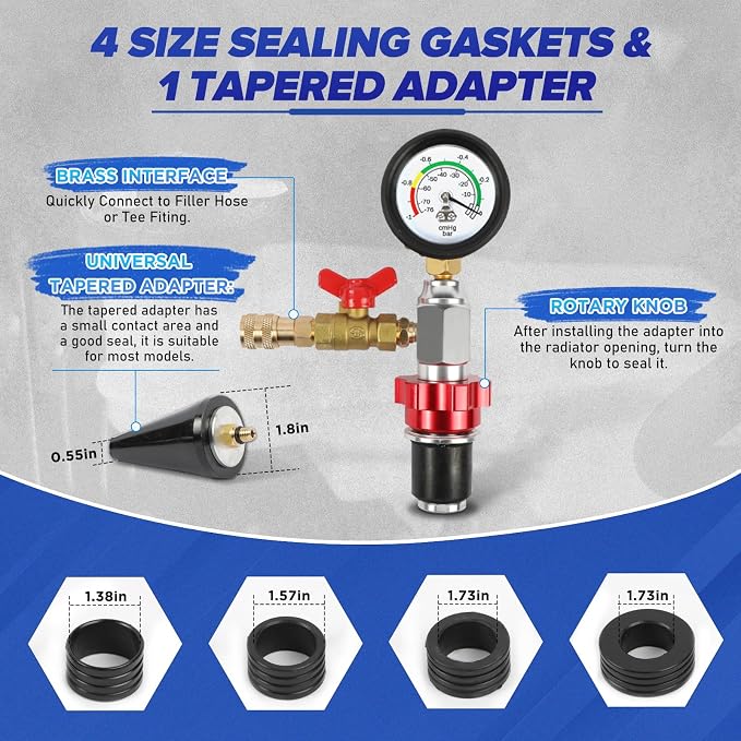 MR CARTOOL Coolant Vacuum Refill Kit Cooling System Vacuum Purge Tool with 4 Size Sealing Gaskets,1 Tapered Adapter, 2 Air Fitting, Brass Connector, Coolant Filling Hose for Most Vehicles