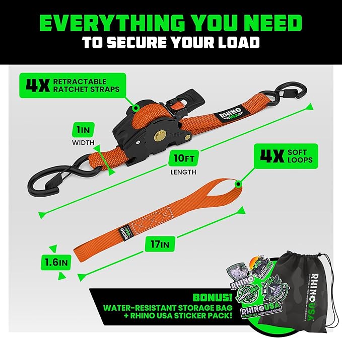 Rhino USA Retractable Ratchet Straps (4-Pack) - 1 Inch x 10 Feet (1,209lb Break Strength) - Auto Self Retracting Tie Down Straps for Truck, Cargo Trailer, Motorcycle, ATV, UTV - Orange