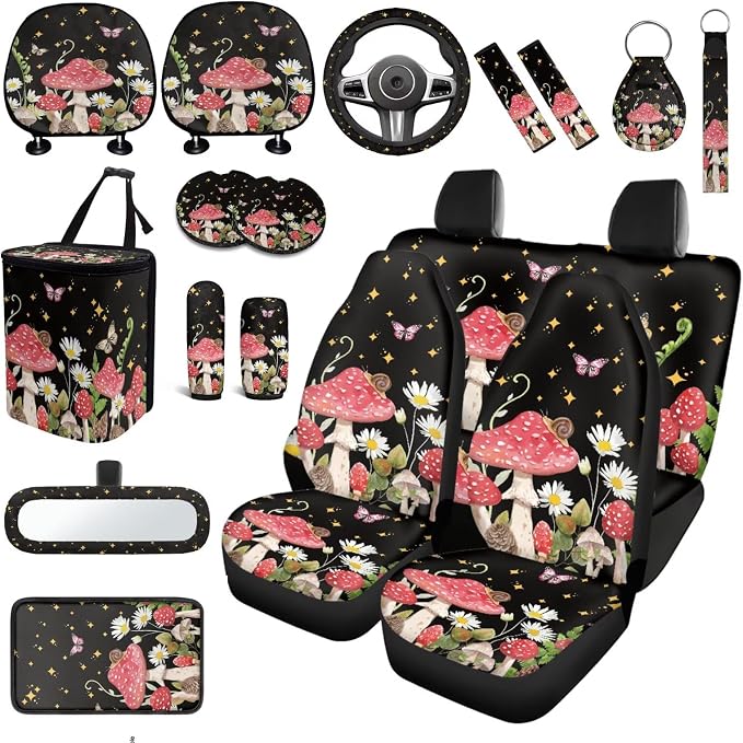 Mushroom Car Interior Accessories Set 18 Pcs Mushroom Print Car Seat Covers Full Set with Car Trash Can Car Headrest Covers Steering Wheel Cover Armrest Box Pad Handbrake Cover Universal