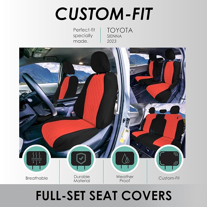 FH Group Custom Fit Car Seat Covers Specifically Made for Toyota Sienna 2021-2024, Red Ultraflex Neoprene Full Set Automotive Seat Covers, 8 Seater SUV Seat Covers, Toyota Accessories
