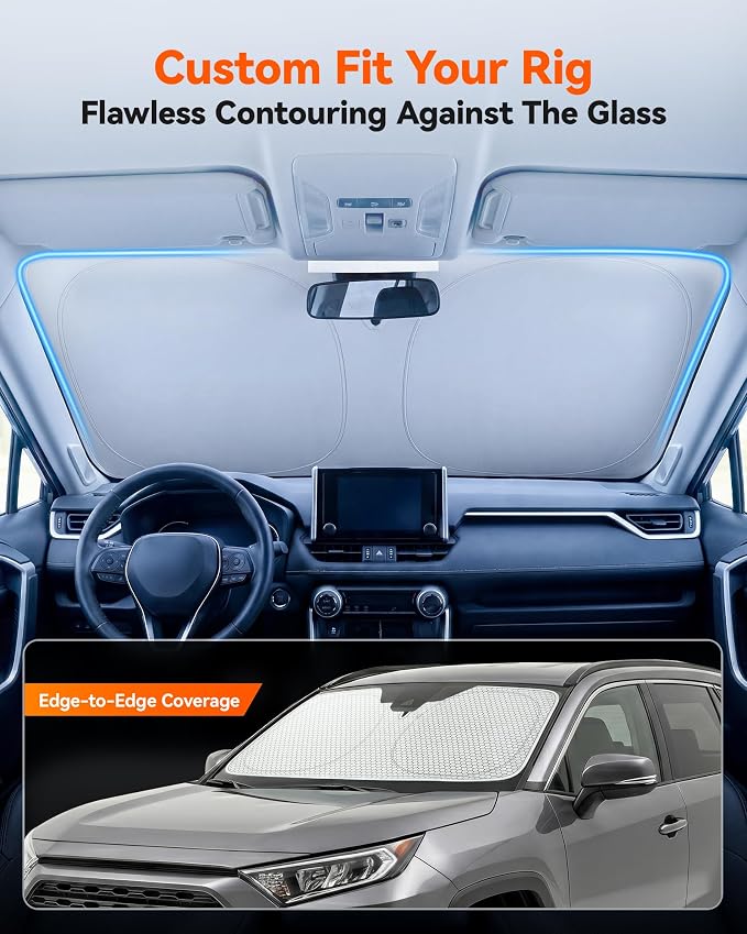 WOLFBOX Foldable Car Windshield Sun Shade, Maximum UV & Heat Shield Front Window Sunshade Visor Protector for SUV Trucks Sedans (Graphene, 64''x34'')