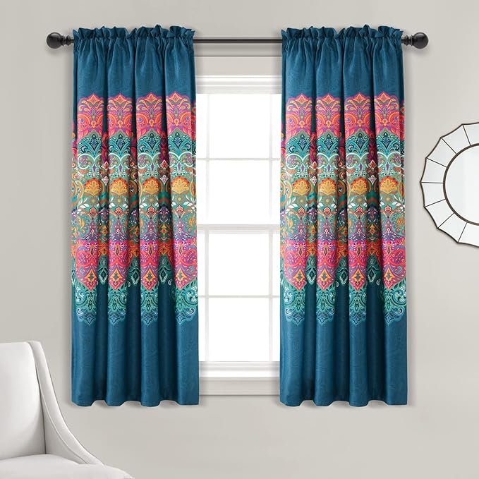 Lush Decor Boho Chic Light Filtering Window Curtain Panels Pair 52" W x 63" L +2" Turquoise & Navy - Colorful Curtains for Living Room - Maximalist Decor