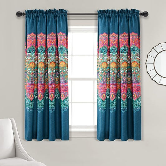 Lush Decor Boho Chic Light Filtering Window Curtain Panels Pair 52" W x 63" L +2" Turquoise & Navy - Colorful Curtains for Living Room - Maximalist Decor