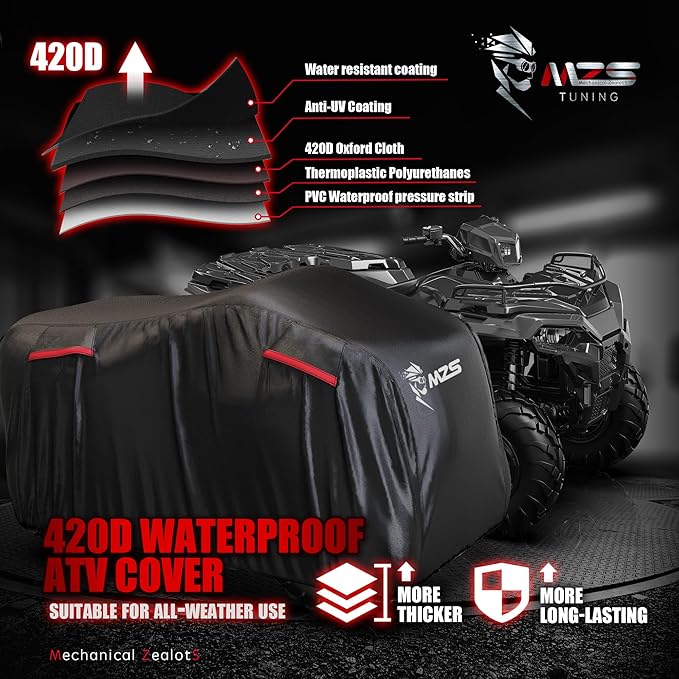 MZS ATV Cover, All Weather Outdoor Waterproof Quad Cover Protection fits up to 88 inch 4 Wheeler Covers - Tear Wind Proof Vents Night Reflective Adjuster Buckle Storage Bag