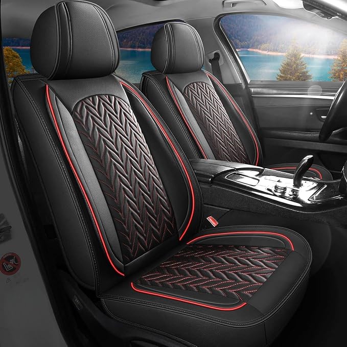 SCITOO Front F150 Seat Covers,2PCS Truck Seat Covers Faux Leather Seat Cover Full Set Pickup Seat Cover Fits for 2015-2024 Ford F150 F250 F350 (Front,Black and Red)