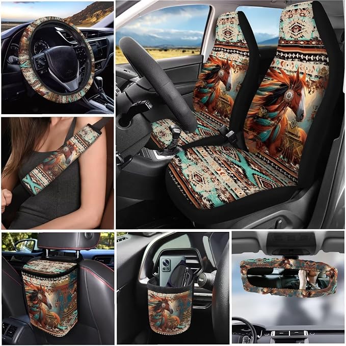 Dreaweet Navajo Car Seat Covers Full Set Tribal Horse Seat Covers with Steering Wheel Cover Seat Belt Pads Car Coaster Trash Can Air Vent Holder Rear View Mirror Cover Keychain Universal Fit