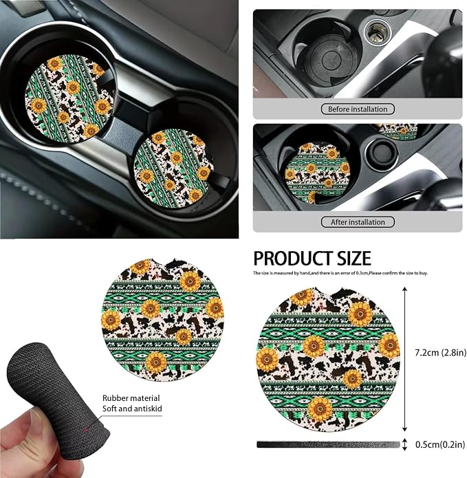 Aztec Sunflower Cowhide Print 15Pcs Car Seat Cover Full Set Car Steering Wheel Cover Seat Belt Cover Trash Bin Air Vent Storage Box Front Rear View Mirror Car Cup Holder Keychain