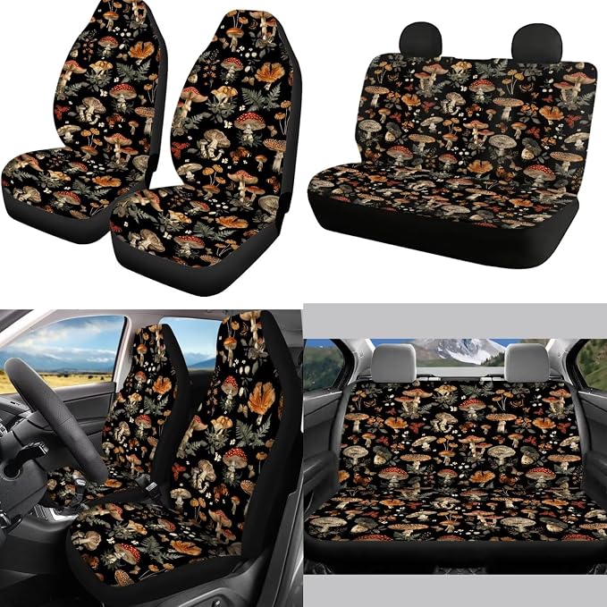 Mumeson Mushrooms Print Car Seats Seat Covers with Universal 15inch Car Steering Wheel Cover Car Armrest Seat Box Cover Auto Seatbelt Covers Shoulder Pad 8 Pack Set Car Accessories