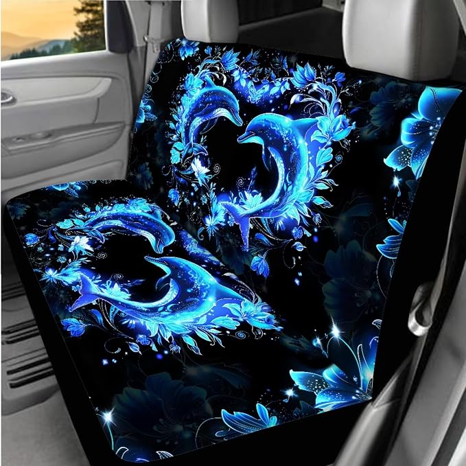 BIGCARJOB 15 Pack Neon Dolphin Car Seat Cover Full Set Auto Seat Headrest Cover Universal Steering Wheel Cover Car Trash Can Hanging Automotive Interior Sets for Women Gifts