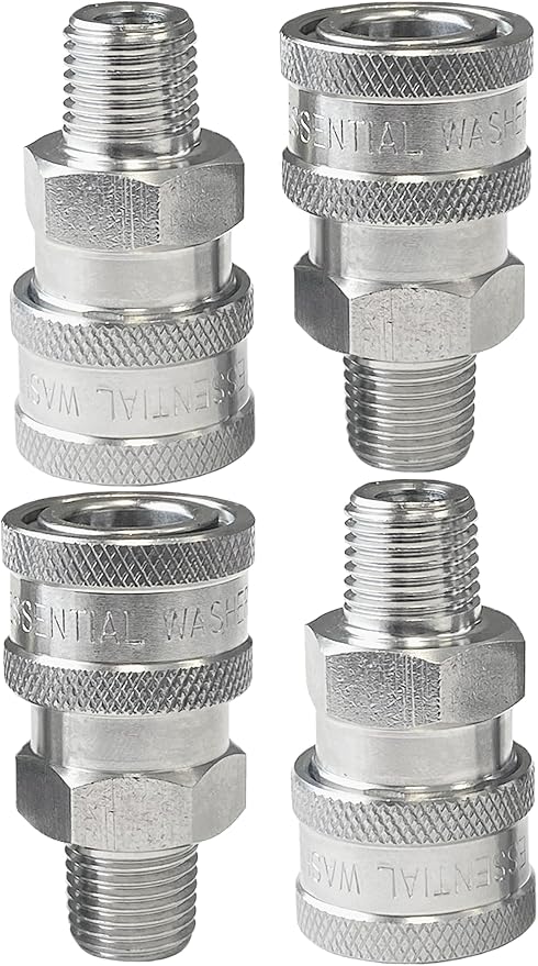 Essential Washer Stainless Steel ¼” Quick Connect Male NPT | Pressure Washer Quick Connect Fittings | 5000 PSI | Set Of 4