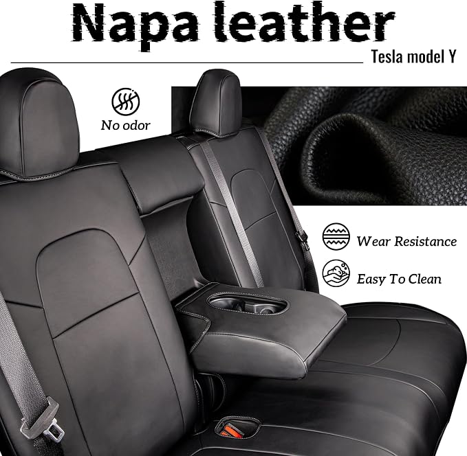 Nappa Leather Car Seat Covers Fit for Tesla Model Y 2017 2018 2019 2020 2021 2022 2023 2024, Soft and Comfortable, Easy to Clean.Reserved Seat Belt Hole-Black