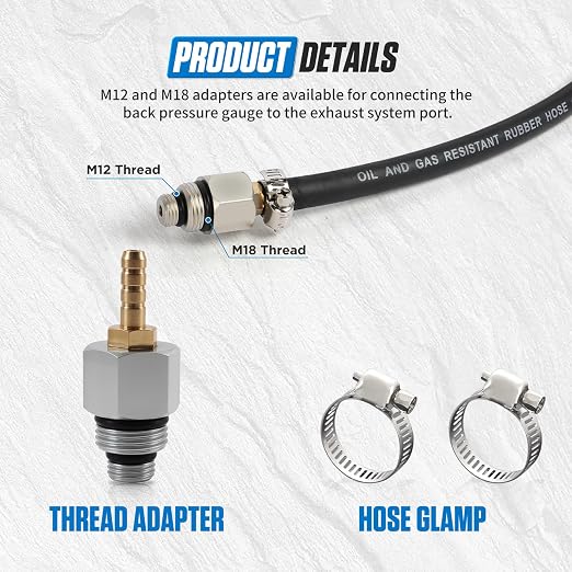 Exhaust Back Pressure Tester Kit, Professional Automotive Exhaust Back Pressure Gauge Set with 5FT Hose, M12 & M18 Adapters, for Trucks, SUVs, Vans etc.