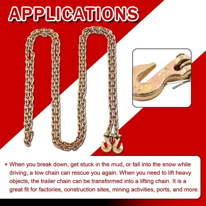 Heavy Duty G80 Transport Binder Chain 1/4'' Inch x 16 Feet,Tow Chain with G70 Clevis Grab Hooks,3300 lbs Safe Working Load Logging Chain for Transporting, Towing(1/4'' x 16FT Yellow).