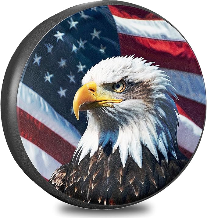 RV Spare Tire Cover with American Eagle USA Flag, Trailer Tire Covers PVC Leather for Truck SUV Wrangler Camper Vehicle Wheel Cover Waterproof Sun Dust Protection16 inch