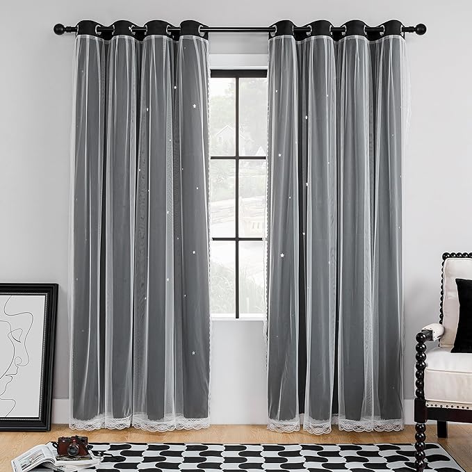 XiDi Black Curtains for Bedroom 63 Inches Long Hollow Star Curtains Blackout Modern Luxury Unicorn Decor for Kids Girls Room Black Out Drapes for Living Room 2 Panels 34x63