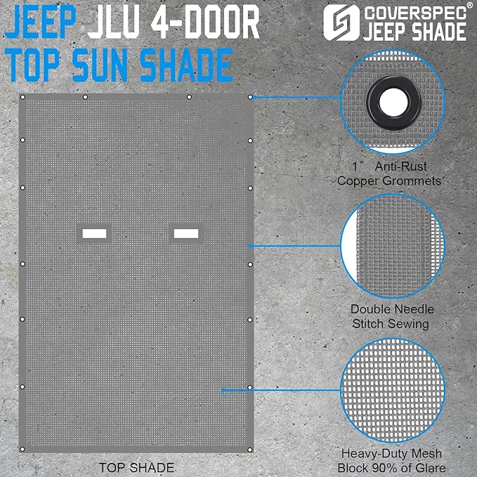 JL Top Sun Shade Roof Compatible with Jeep Wrangler 2 or 4 Door 2018 to 2023 Sunshade Sunroof Cover Blocks UV Wind Noise Gray Mesh for Full Length
