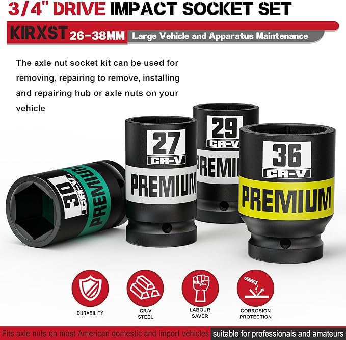 8 Piece 3/4" Drive Impact Socket Set, Metric Axle Nut Sockets, 26-38mm Thicker Jumbo Sockets, Socket Set, 6 Point, Cr-V, Vehicle and Apparatus Maintenance