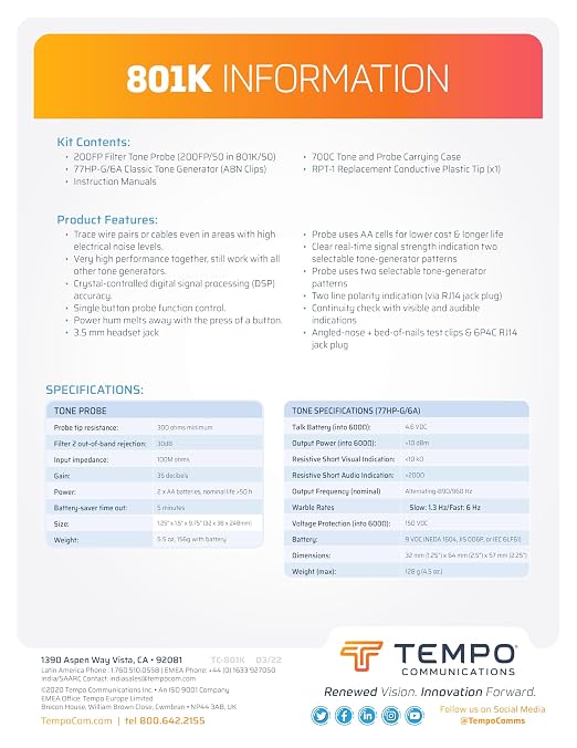 TEMPO 801K Filtered Noise Wire Tracer Tone Generator and Probe Kit for Ethernet, Internet, Telephone, Speaker, Coax, Video, and Data Cable (801K-BOX Cable Toner)