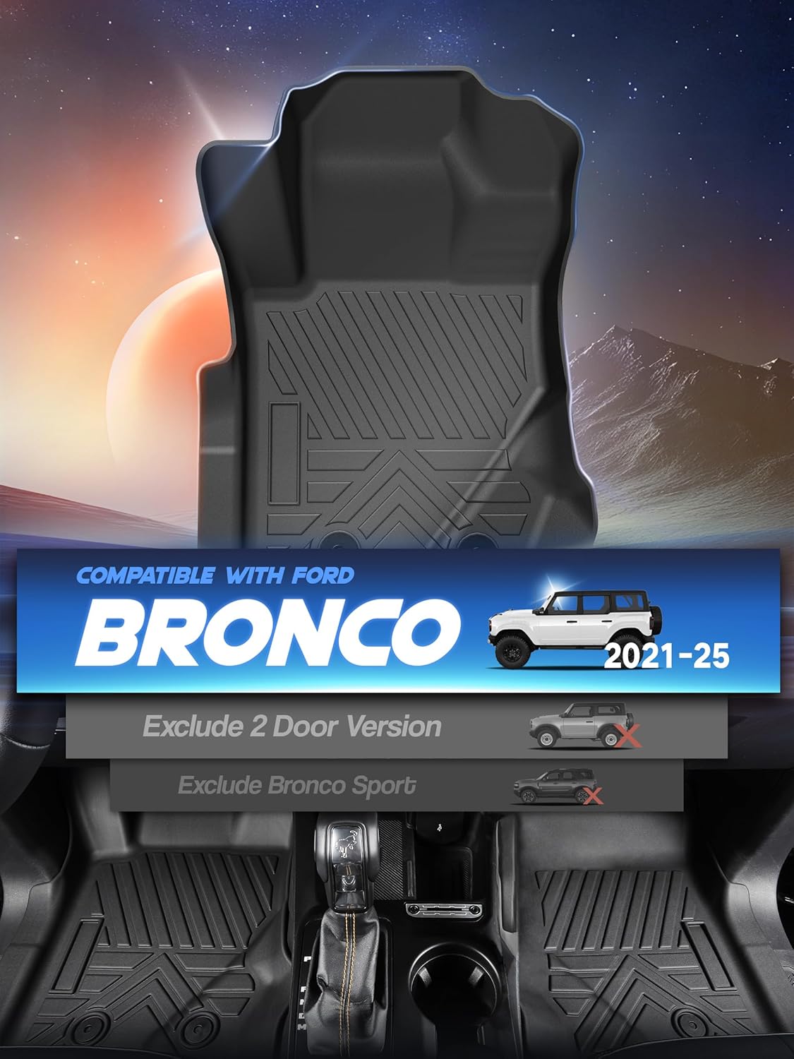 Car Floor Mats for Ford Bronco 4 Door 2025 2024-2021 Accessories,TPE All Weather Protection Floor Mats, Custom Fit 1st&2nd Row Car Floor Liners Set(Not for 2 Door & Sport),Black