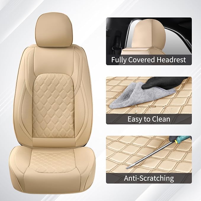 Huidasource F250 Front Seat Covers, 360° Full Coverage Leather Car Seat Protector Fit for Ford F150 2015-2026&F250 F350 F450 2017-2026 All Cab XL XLT Lariat King Ranch Platinum (Front Pair/Beige)