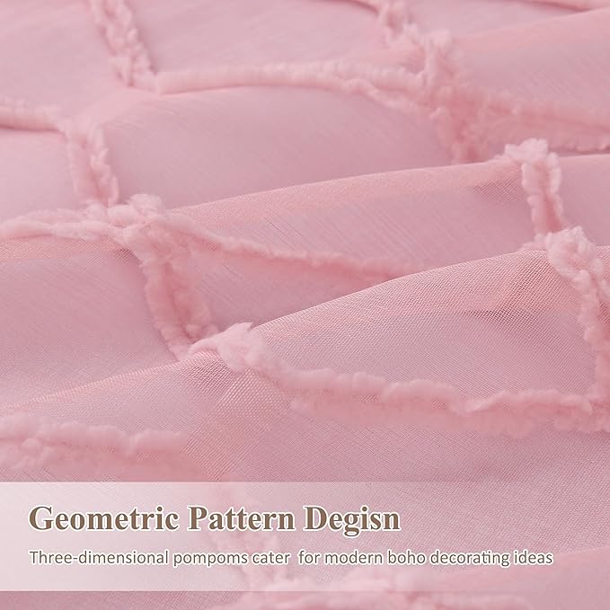 Extra Long Pink Sheer Curtains 120 Inches for Nursery Girls Bedroom 2 Panels Light Filtering Semi-Sheer Curtain for Kids Protect Privacy Home Decor Rod Pocket Geometric Pattern Pom Pom Drapes 52x120