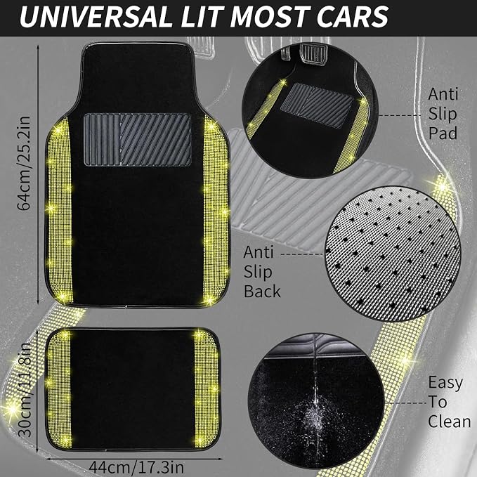 NBTEPEM Bling Car Floor Mats Full Set, Universal Fit Most Cars,SUV, Trucks, 4 pcs Sparkle Glitter Diamond Carpet for Women Girls with Anti-Slip Pad (Yellow Diamond)
