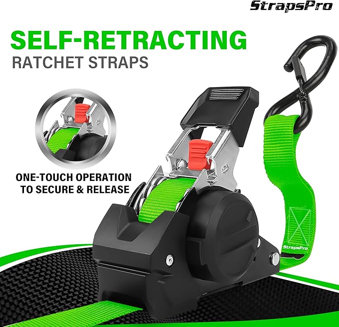 Retractable Ratchet Straps, 1763lb Break Strength Green Self Retracting Ratchet Straps Heavy Duty with Soft Loops, 1'' x 10FT Auto Tie Down Straps Easy Retract for Motorcycle, Truck, Cargo, 2 Pack