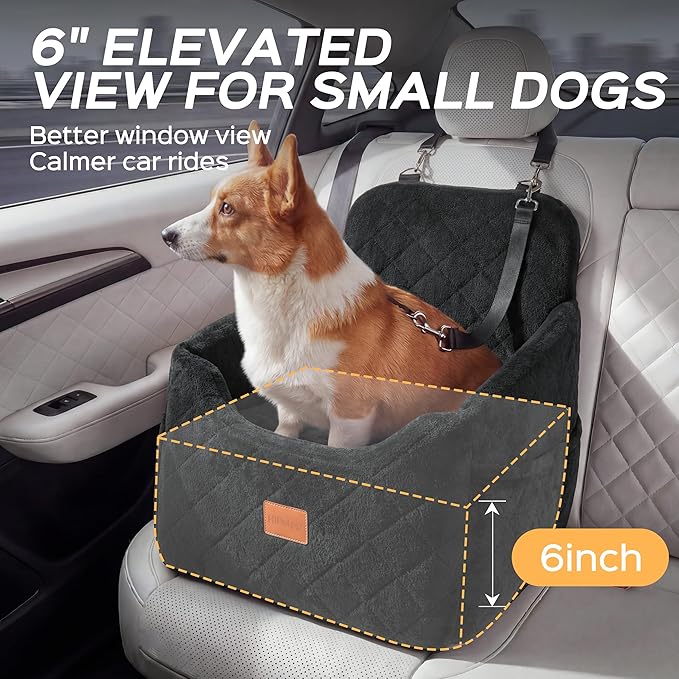 Dog Car Seat for Small Dog with Washable Mat, Memory Foam Booster Seat for Dogs Under 30lb, 6" Elevated Pet Seat with Pockets, Anti-Slip Bed for Car, Perfect for Front & Back Seats with Safety Leash