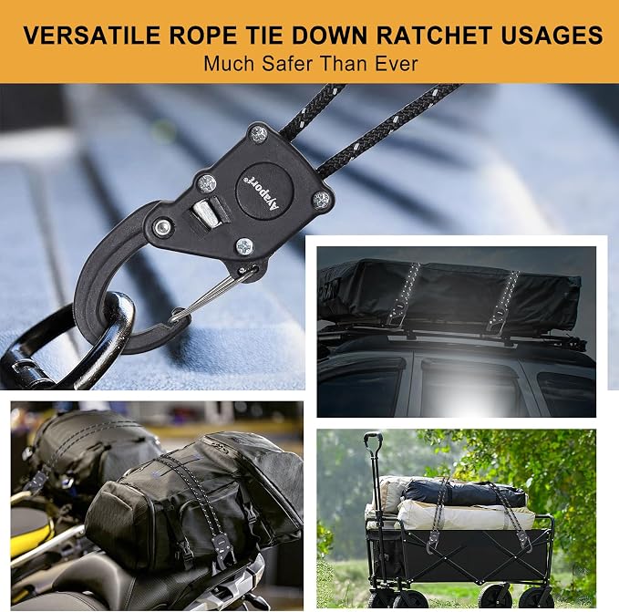 Ayaport Rope Tie Down Ratchet with Carabiner Clip 1/8" x 8' Rope Hanger Cord Tightener Heavy Duty Construction Kayak tie Downs for Tent, Tarp, Camping